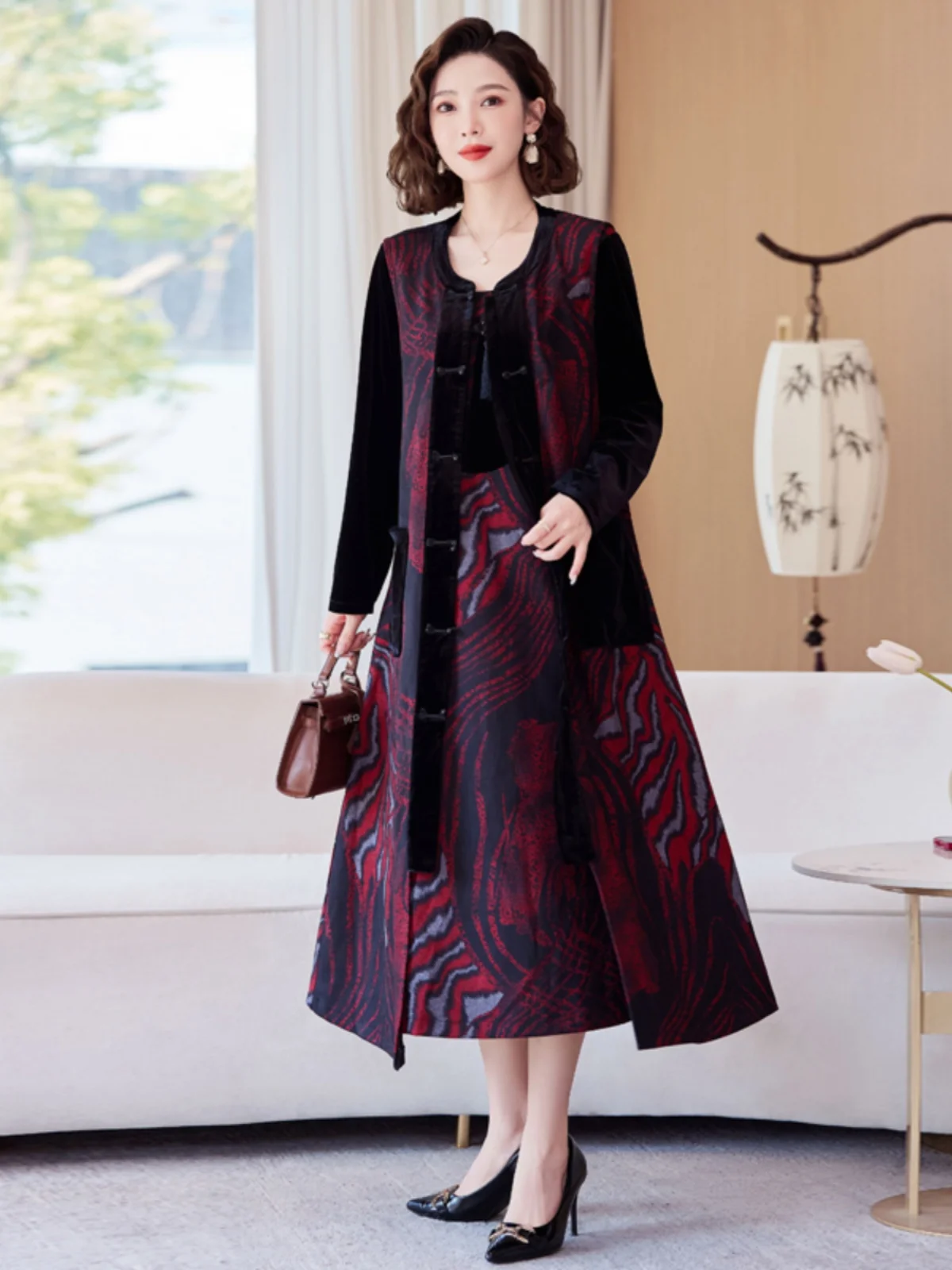 

Ele Two-Piece Wedding Dr for Women Autumn Winter New Sle Mommy Clothes High Waist Cotton Polyester Spandex U-Ne Lo...