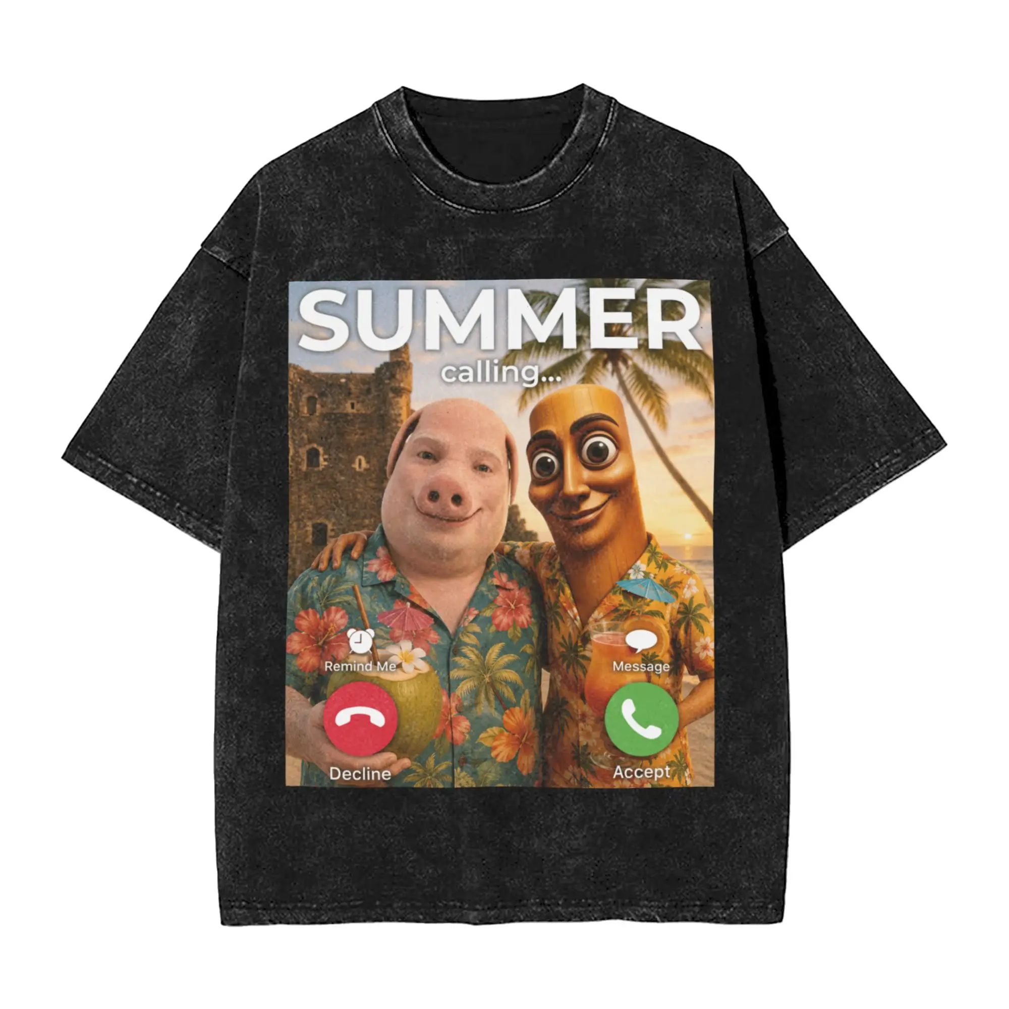 Tropical Beach Summer Meme Joke Tung Sahur John Pork Washed T Shirt Man Basic Casual T Shirts Summer O Neck Hip Hop Tee Shirt