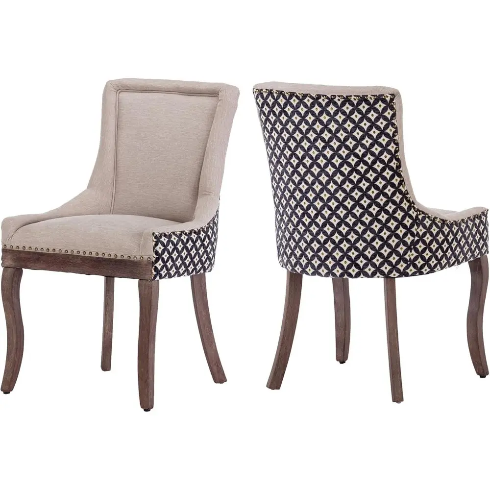 

Upholstered Fabric Dining Chairs Set of 2, High Wingback Accent Chairs with Wood Legs and Bronze Nail Trim, Beige for Kitchen or