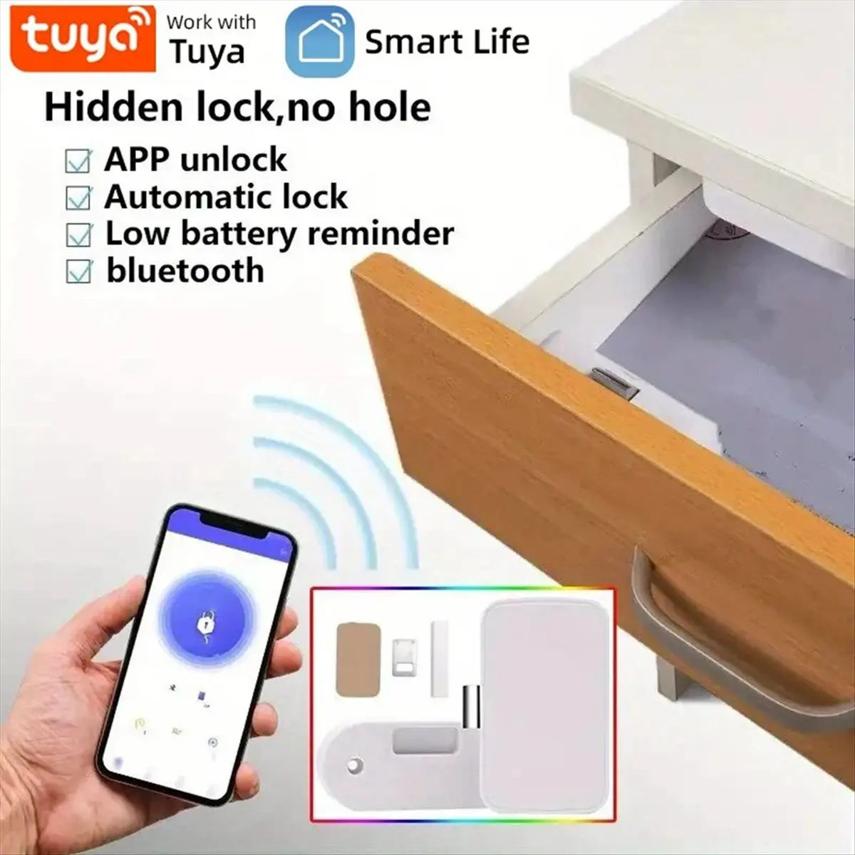 A74U Tuya Lock Bluetooth Drawer Lock, Wireless Smart Security Cabinet Electronic Lock Keyless Invisible Safety Cabinet Locks