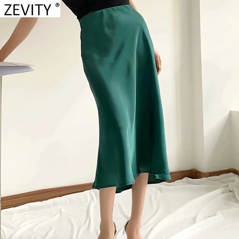 Zevity 2021 Elegant Women French Style Solid Color Soft Satin A Line Skirt Faldas Mujer Female Casual Summer Midi Skirts QUN820