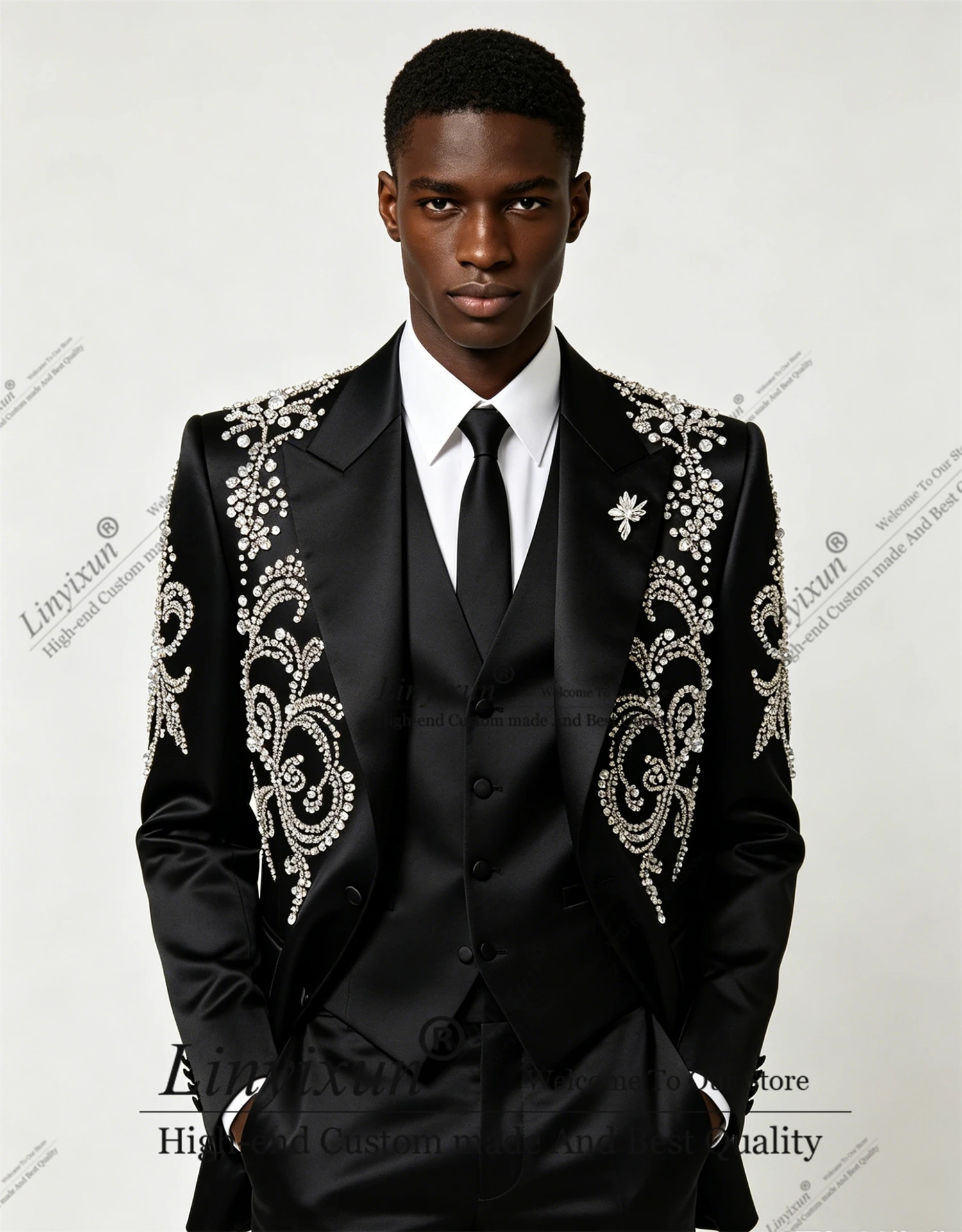 

Elegant Beaded Stones Wedding Suits For Groom Custom Made 3 Piece Sets Single Breasted Prom Blazer Man Tuxedos pantalones hombre