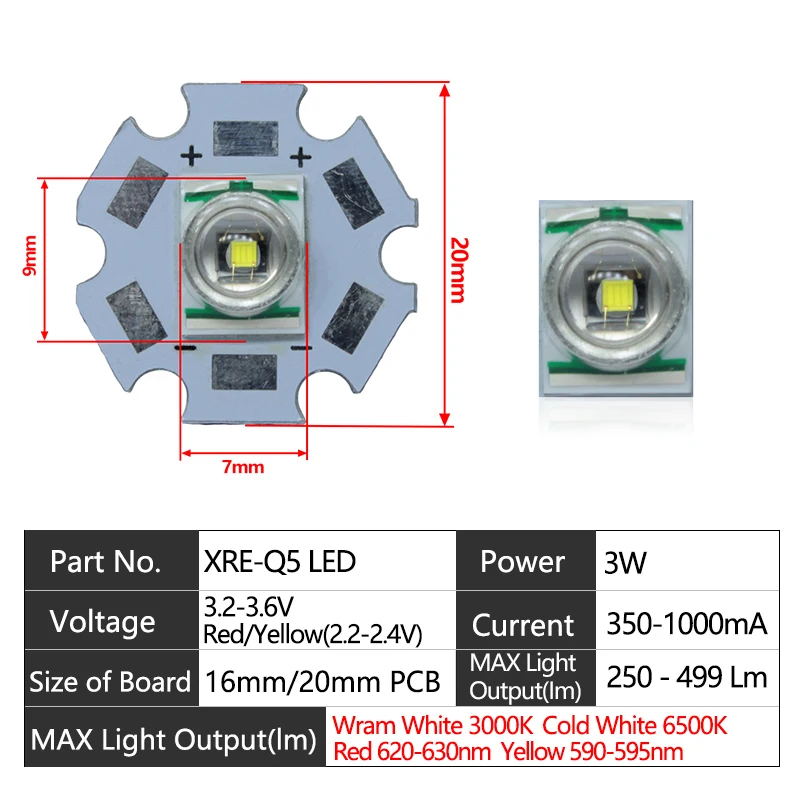 3W LED  XRE Q5 LED Chip XR-E High Power Led Bead Cold Neutral White Yellow Orange Red Diode for Flashlight parts Spot light