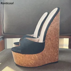 Ronticool Handmade Women Platform Sandals Ultra High Wedges Heels Peep Toe Classics Black Dress Shoes Ladies US Plus Size 5-15