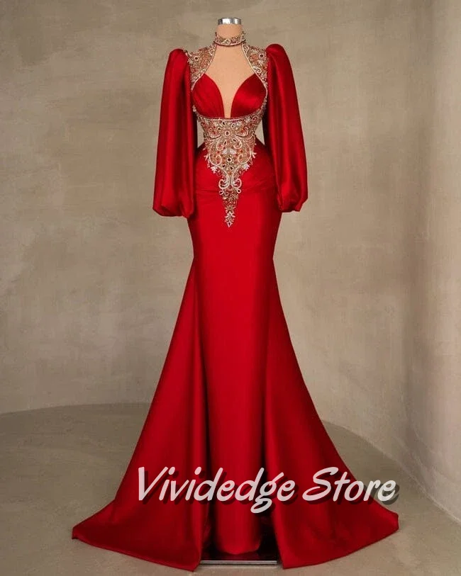 Customized Red Luxury Elegant Wedding Dress Fairy High Neck V Neck Long Sleeve Beaded Studded Crystal Fishtail Ruffled Bridal