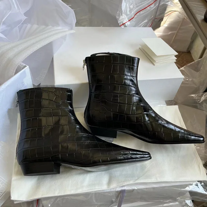 

Withered French Retro Crocodile Pattern Square Toe Ankle Boots Minimalist Genuine Leather Comfortable Autumn Winter Chelsea Boot