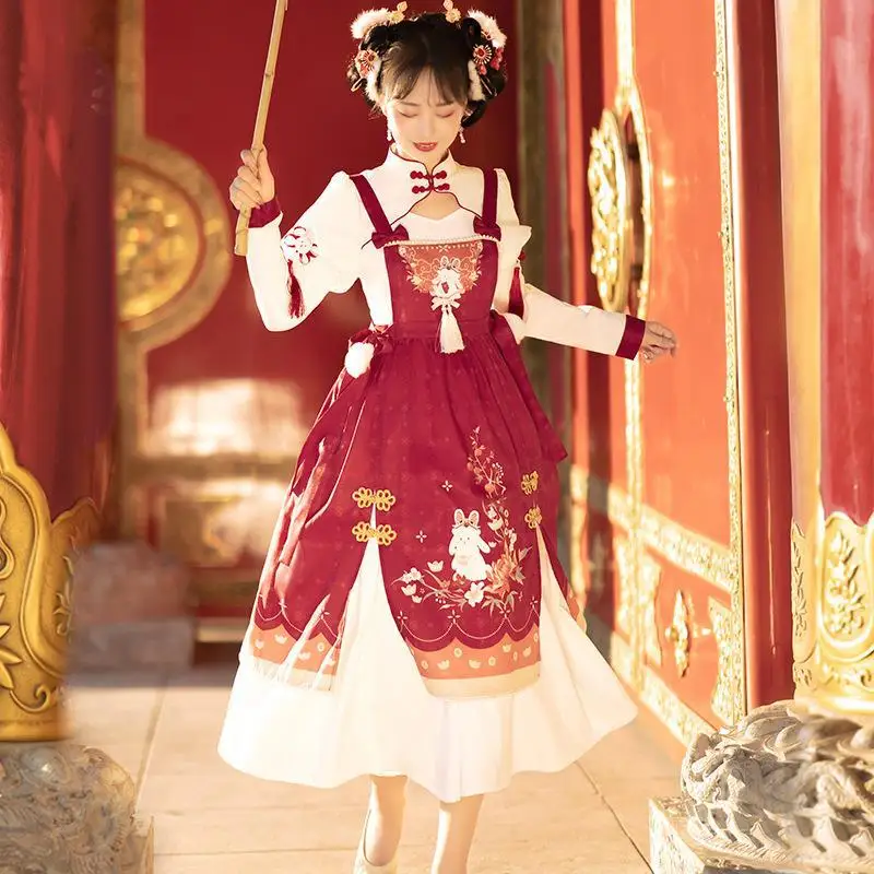 Lolita Women One Piece Dresses Hanfu Girls Chinese Kawaii Princess Sweet Red Dress Winter Harajuku Cute Cosplay Costume Dress