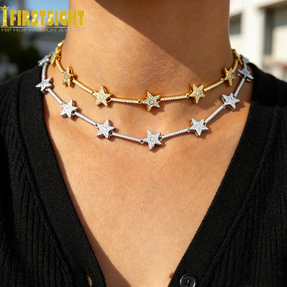 New Iced Out Star Bar Link Chain Necklace Tennis Chain Paved Tiny Sparking Shiny CZ Stone Charm Choker For Women Jewelry