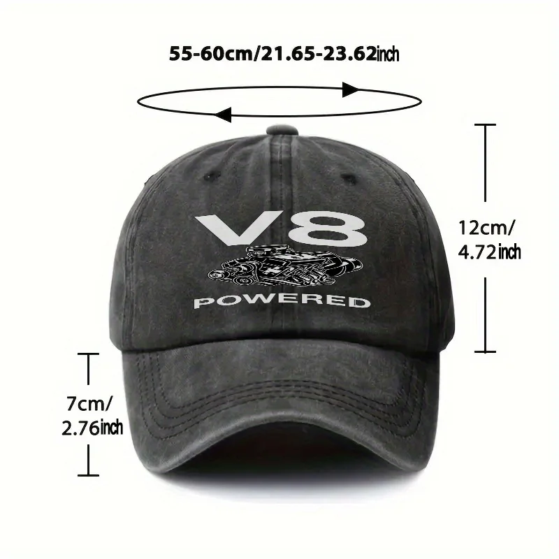 V8 Powered Engine Logo Baseball Cap Unisex Distressed Cotton Cap for Outdoor Sports Casual Wear V8 Enthusiast Gift