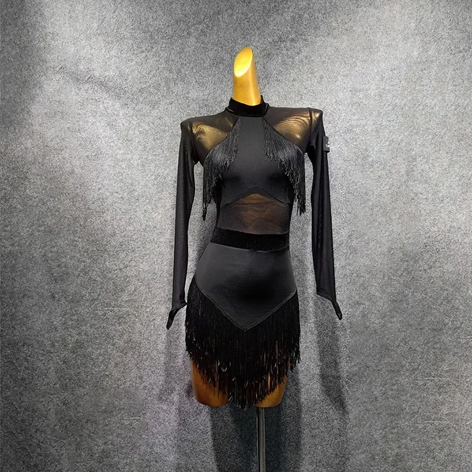 

Dancing Performance Women Female Latin Dress Ballroom Samba Tango Black Long Sleeve Tassel Latin Dance Dress