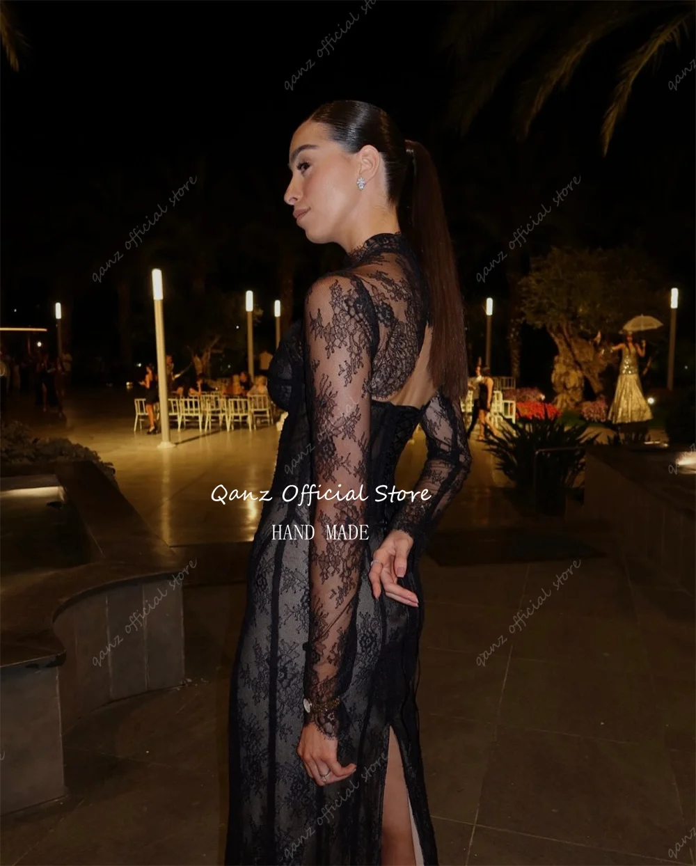 Qanz Moder Abiti da sera neri con giacca Abiti in pizzo Para Mujer Sirena Sheer Maniche lunghe Abito da festa con spacco Personalizzato