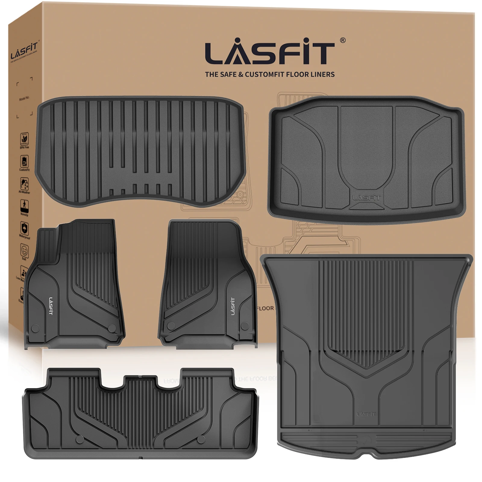 LASFIT Floor Mats Fit for Tesla Model Y 5-Seat 2024 2023 2022 2021 2020 1st & 2nd Row & Front Trunk & Cargo Mat & Trunk Well Mat