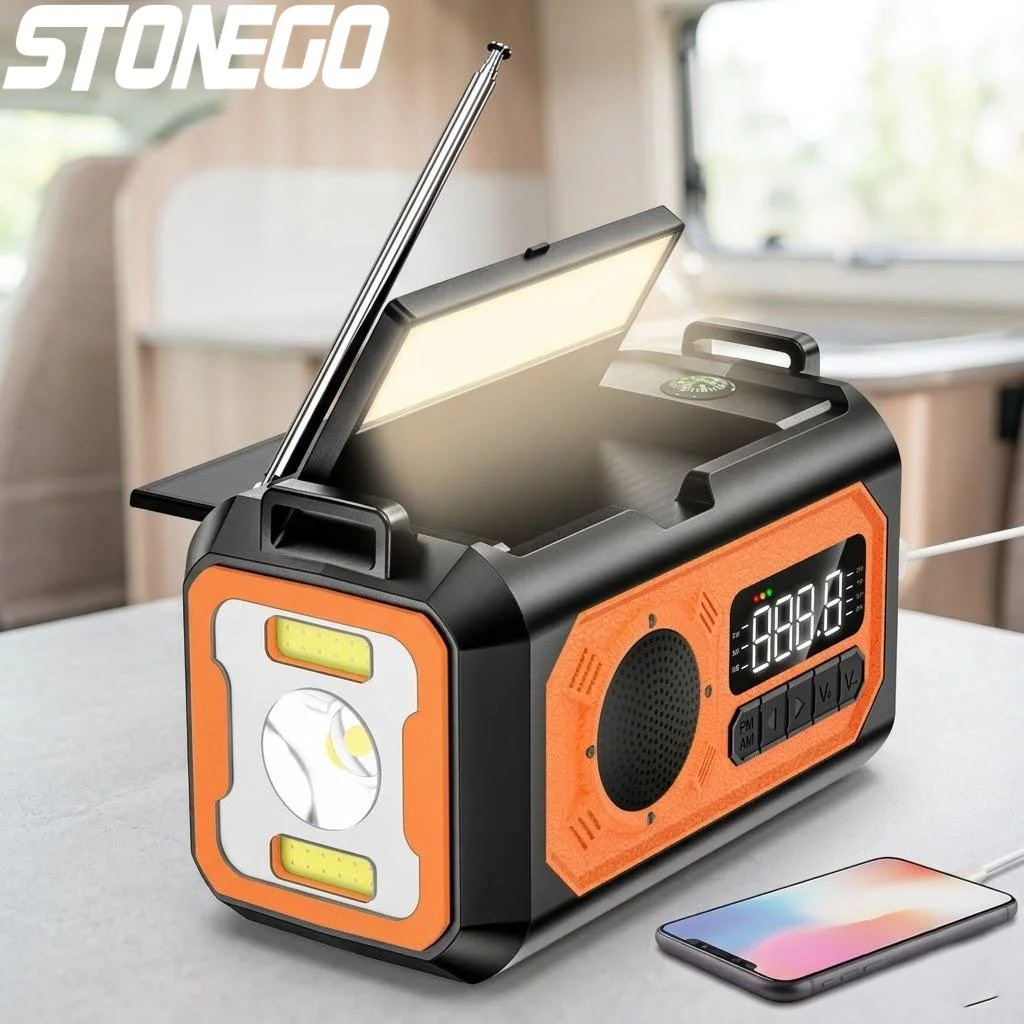 

12000mAh AM FM NOAA Solar Hand Crank Portable Emergency Radio with Dual Solar Panels Reading Lamp for Outdoor Camping