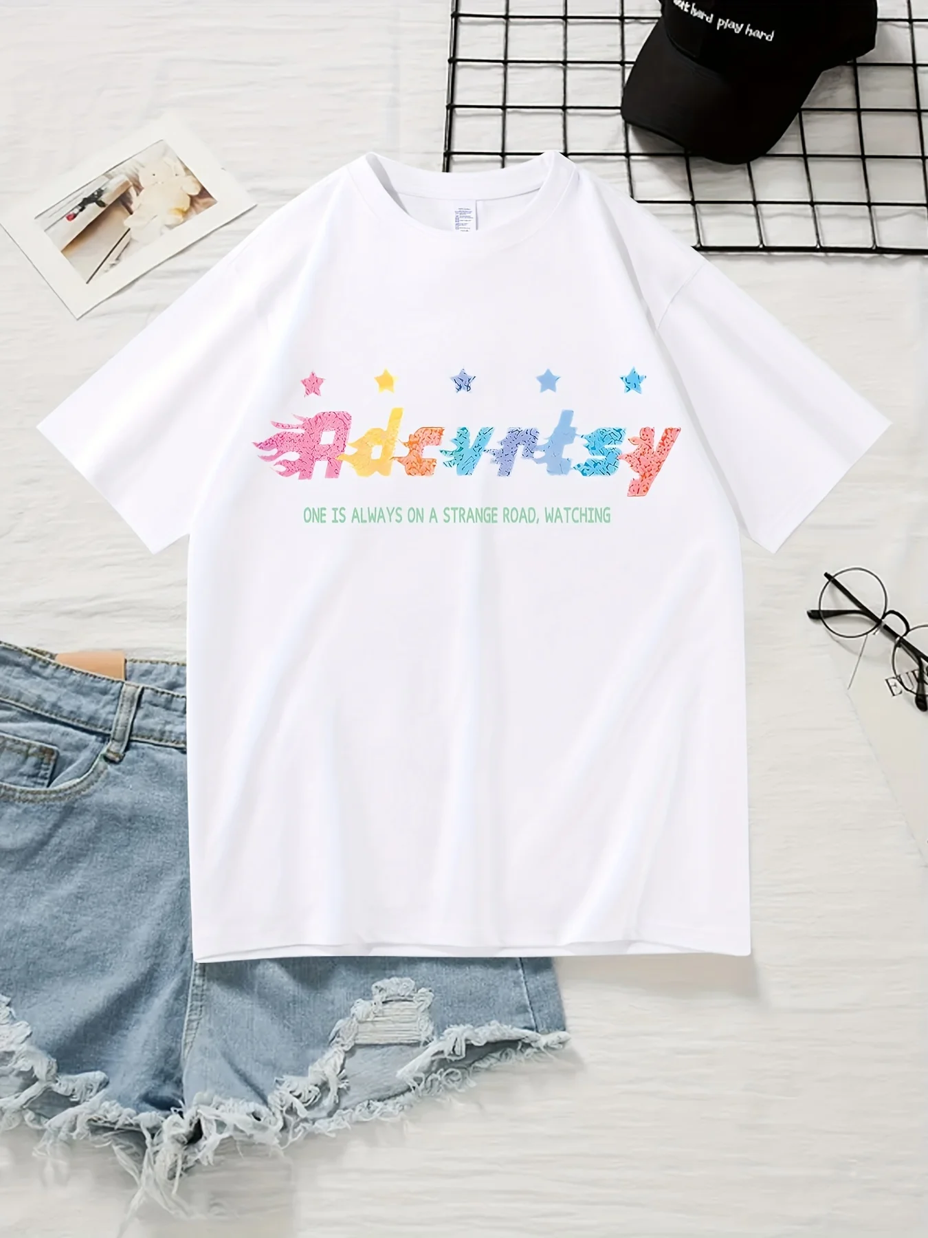 Colorful Slogan Print Round Neck T-Shirt, Casual Stretch Short Sleeve Sport T-Shirt, Women's Clothing