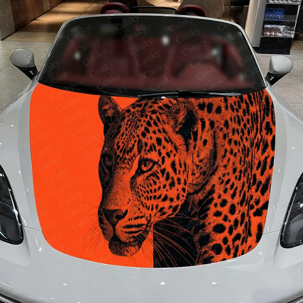

Car Decal Leopard with Split-Design Artistic Fusion on Orange Background, Creating a Bold and Exotic-Gothic Visual Car Hood Stic