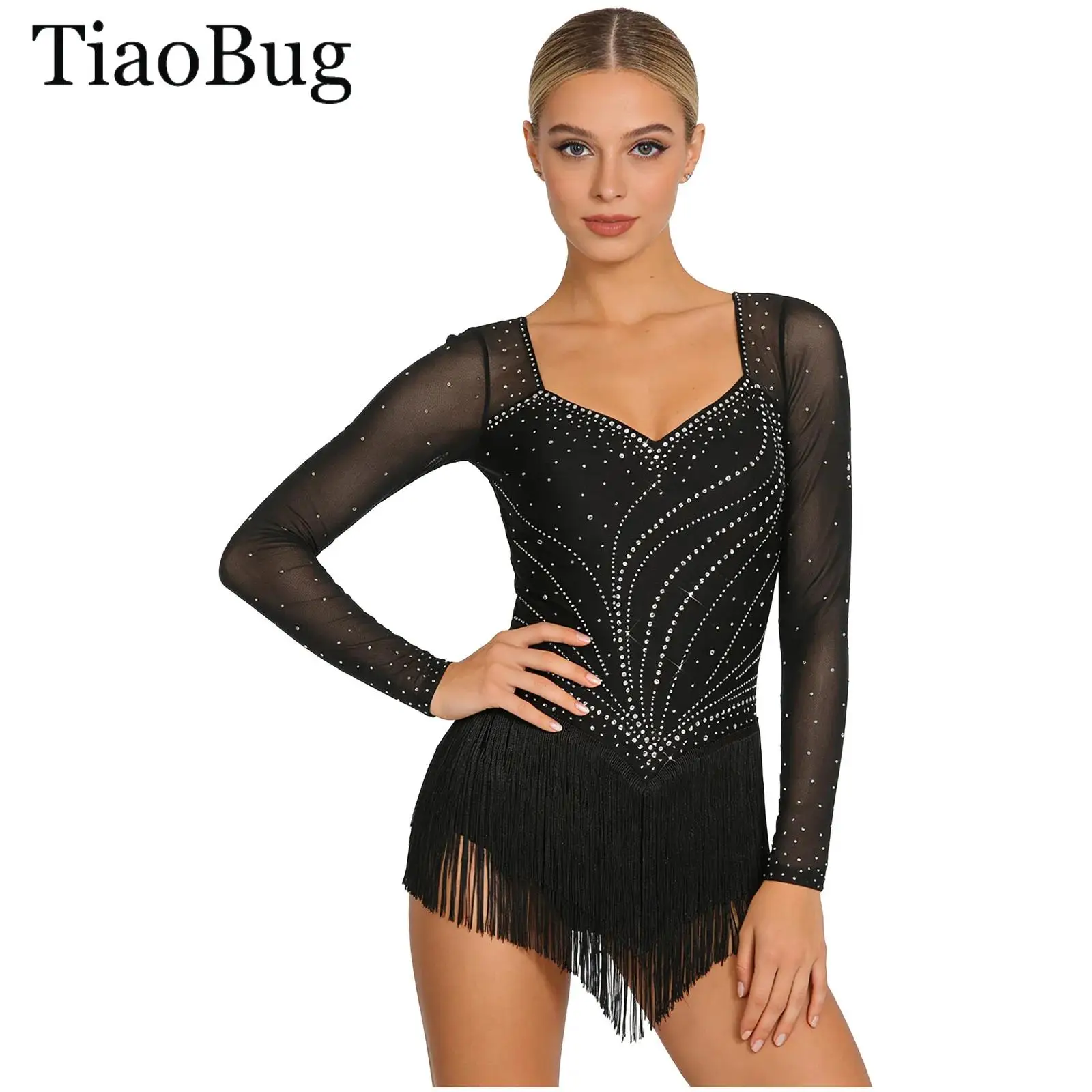 

Womens Tassel Latin Dance Leotard Dress Rhinestone Mesh Fringed Jumpsuit Bodysuit Figure Skating Tango Rumba Performance Costume
