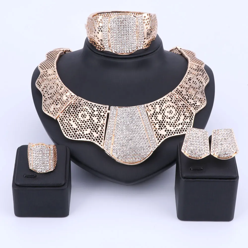 Women Fashion Dubai Gold Color Crystal Choker Statement Collar Necklaces Earring Bangle Ring Wedding Gifts Party Jewelry Sets