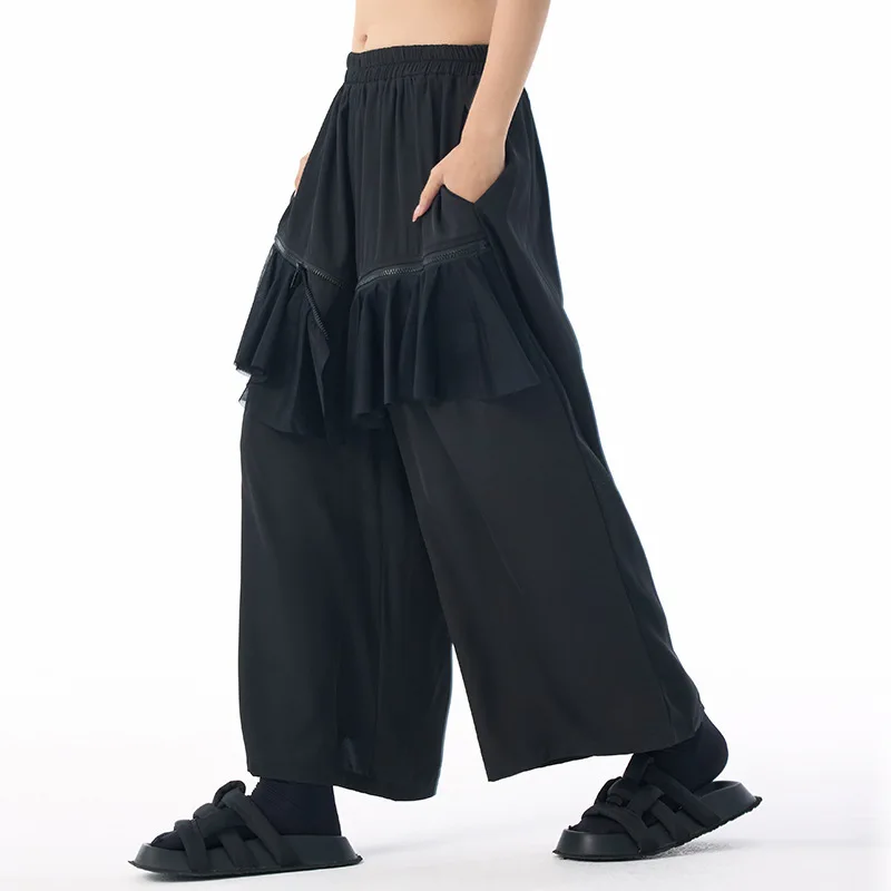 HKSH ربيع الخريف جديد المرأة عادية بنطال ذو قصة أرجل واسعة مرونة الخصر المرقعة تكدرت شبكة أنيقة تنوعا الاتجاه شيك HK15487