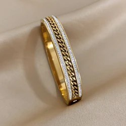 Fashion Twist Chain Stainless Steel Bangle Bracelet Luxury Rhinestone Matching Couple Bracelets For Women Men Jewelry Gift