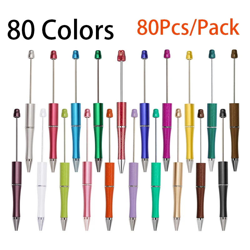 

80Pcs Plastic Beadable Pen Black Ink Bead Ballpoint Pen DIY Bead Pen for Kids Students Presents Office School Supplies