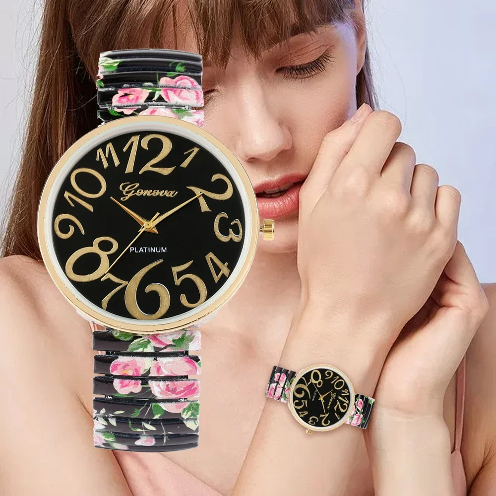 Fashion Women Quartz Watch Large Arabic Number Dial Ladies Wristwatch Unique Elastic Printing Strap Girls Watches Reloj Mujer