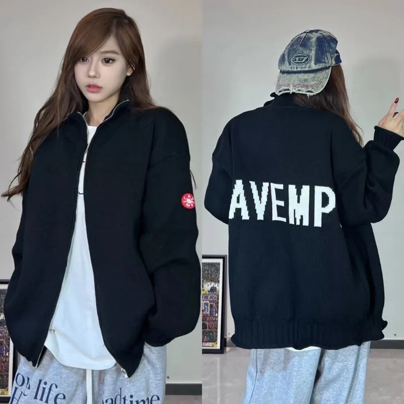 CAVEMPT Cardigan Sweater American High Street Retro Sweater Jacket Zipper Knitted Jackets