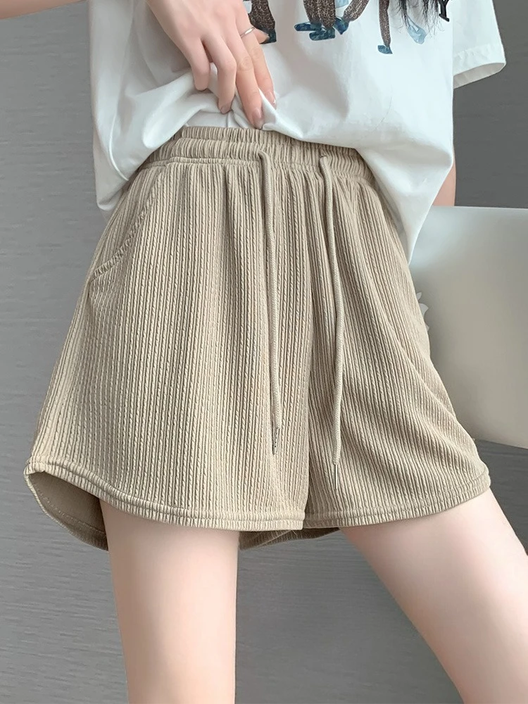 

Шорты из ледяного шелка с высокой талией, женские спортивные брюки пять четвертей, летние тонкие широкие шорты трапециевидной формы, повседневные универсальные свободные шорты