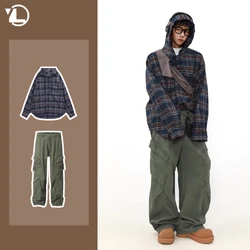 Street Casual Spring Mens Set Hooded Plaid Long Sleeved Shirt Jacket+Multi Pocket Trendy Pants 2-piece Male Fashion Suits New