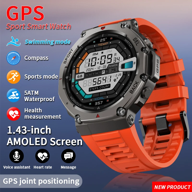 1.43inch 256Mb Smart Watch GPS Luxury Military 500mAh Men Health Monitor Fitness Clock Sports 5ATM Waterproof Smartwatch Compass image 3