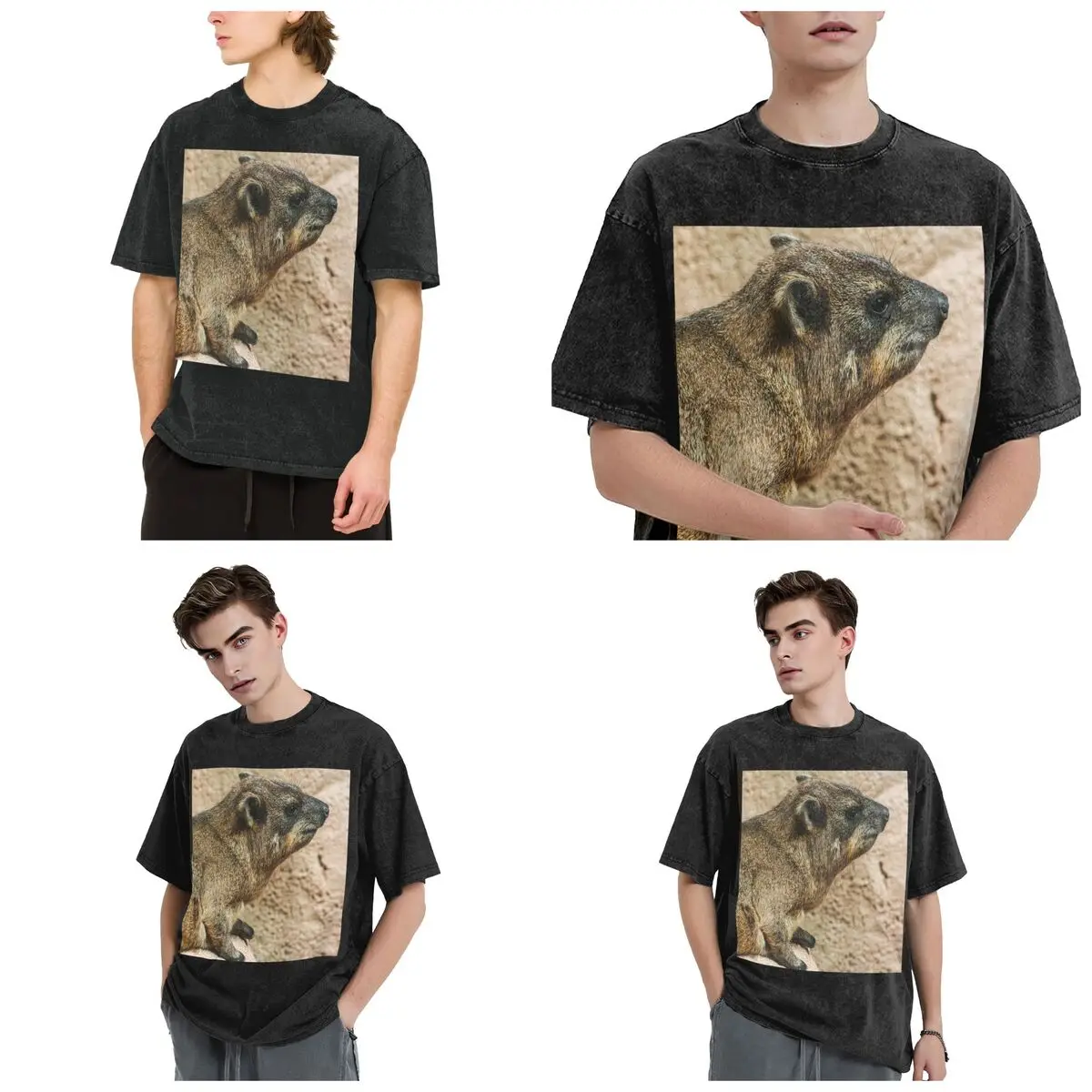 Rock Hyrax Hip Hop Short Sleeve T-Shirts Washed Tops Tees Streetwear T Shirt Cotton for Men Women