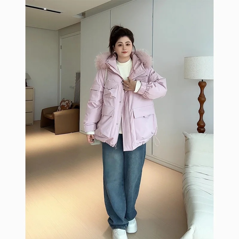 

Женская зимняя парка больших размеров с натуральным меховым воротником, розовая, в стиле Берлин, с длинными рукавами, теплая, комфортная, в корейском стиле