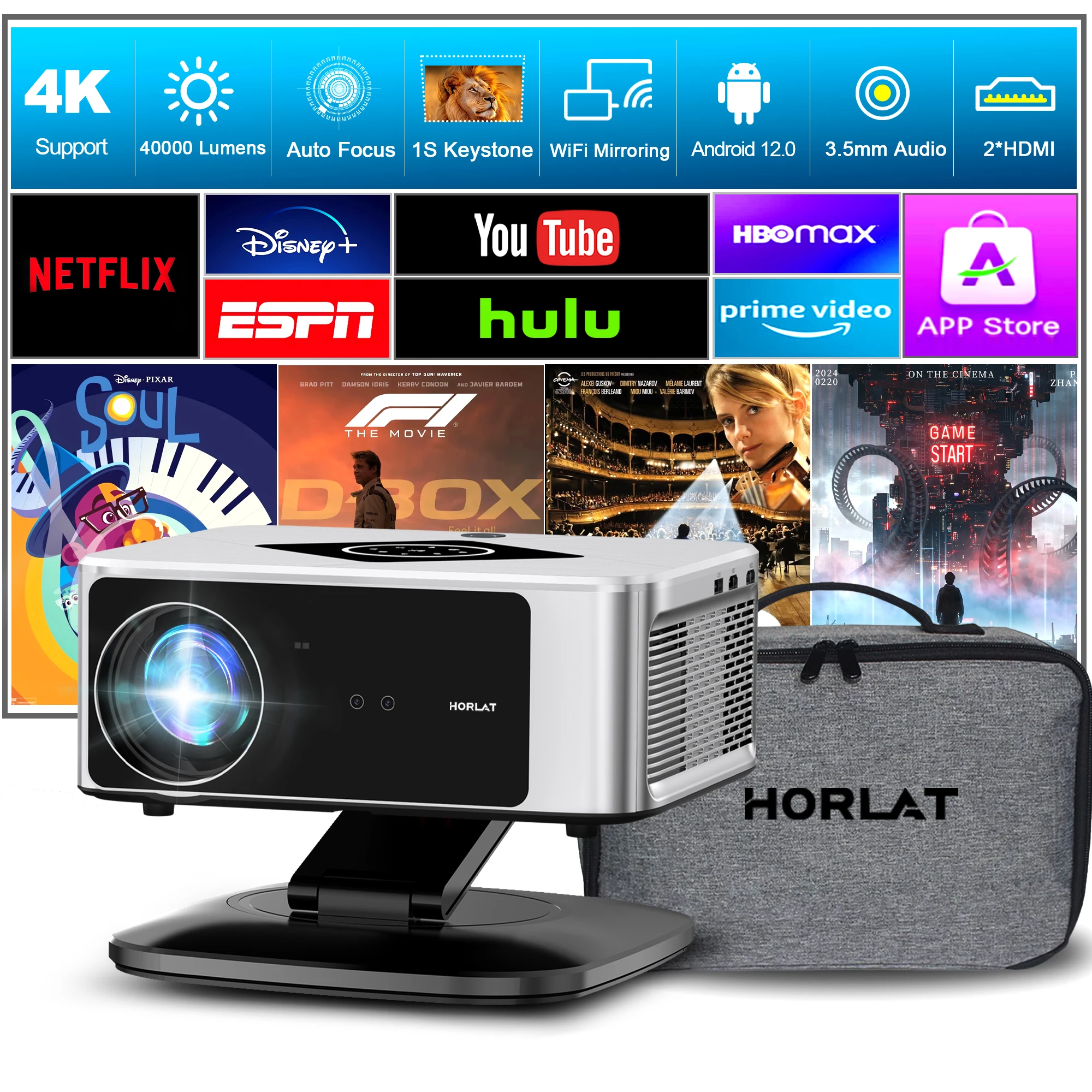 Projektor LCD HORLAT 40000 lumenów, projektor LED 3D Cinema, Full HD 1080P, wideo 4K, automatyczne ustawianie ostrości, korekcja trapezowa, kino domowe, WiFi 5G, proyector