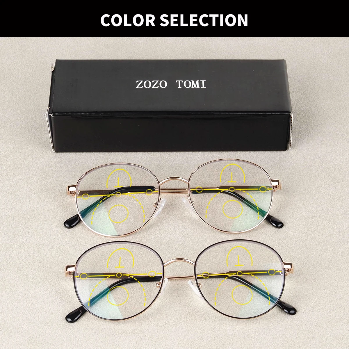 Occhiali da lettura multifocali progressivi, montatura rotonda retrò, cerniera in metallo, stesso stile per uomini e donne.