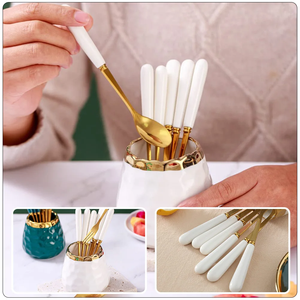 

1Set Fruit Fork Storage Jar Premium Ceramic Stainless Steel Dessert Spoon Set for Kitchen Home Party Use Smooth Rust-Resistant