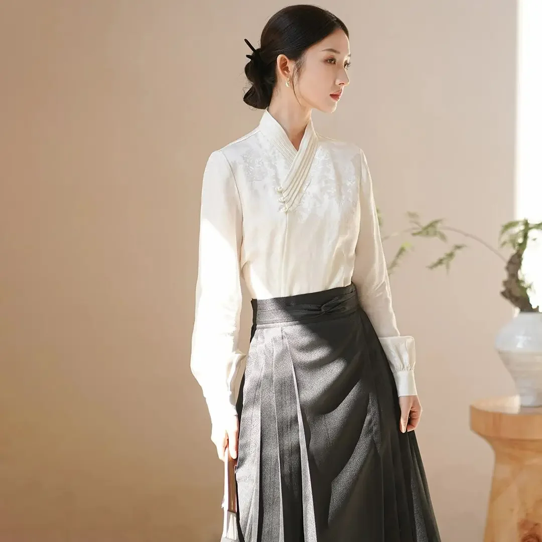 Improved Modern White Jacquard Pearl Buttons Chic Long Sleeved Top Black Horse Face Skirt Hanfu Suit Women Retro Princess Dress