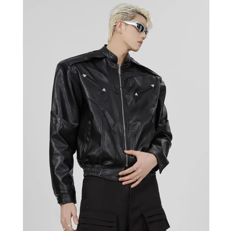 Pu Leather Jacket Men New Spring Korean Trend Shoulder Pad Zipper Short Bomber Coat High Street Punk Motorcycle Outwear Unisex