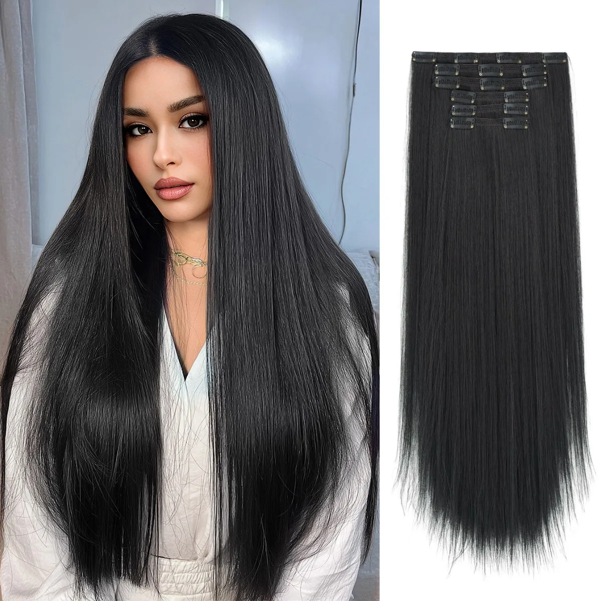 26 بوصة الاصطناعية طويلة مستقيم تصفيفة الشعر 6 قطعة/المجموعة 16 مقاطع في وصلات الشعر شقراء سوداء قطع الشعر ألياف مقاومة للحرارة #1