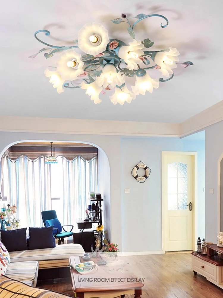 Blue countryside style ceiling light rose wrought iron retro room bedroom light warm and romantic floral pendant light