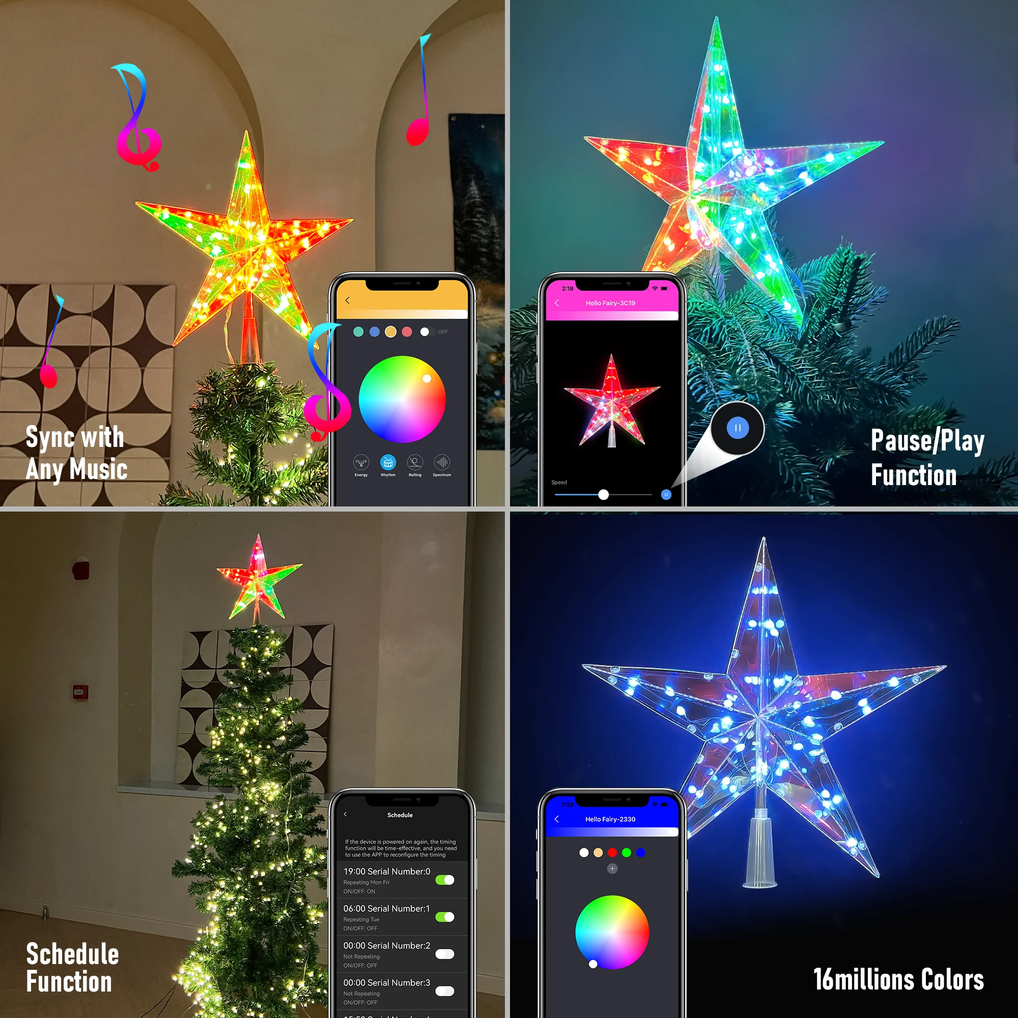 Dobrável RGB Brilhante Árvore de Natal Topper, Luz Estrela, Pentagrama USB, Controle App, 29cm, 25LED, Decoração Árvore de Natal, 2024