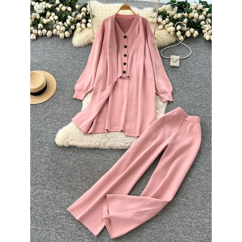 

Autumn Lazy Style Loose Knitted Cardigan Jacket Sleeveless V-Neck Vest Tops High Waist Wide Leg Pants Women Three-Piece Sets