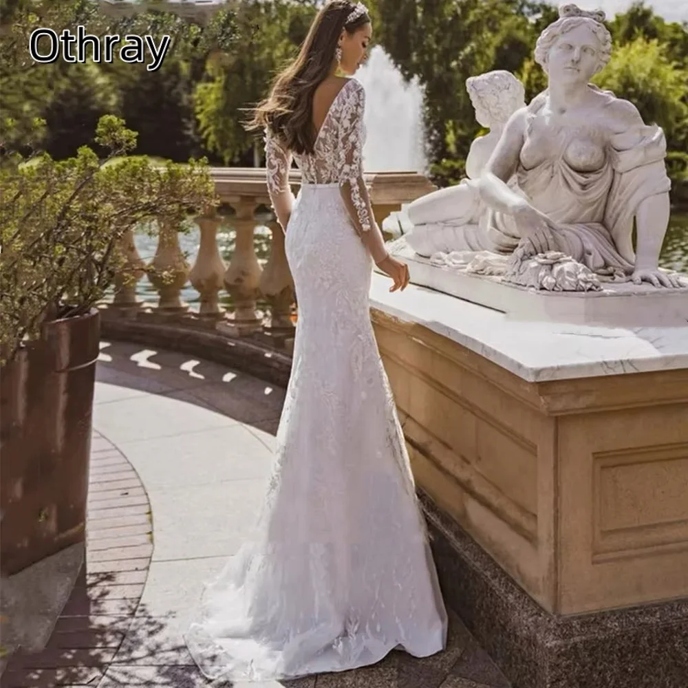 Robe de mariée sirène Othray à manches longues, appliques en dentelle, robe de mariée en tulle, robe dos nu, robe éducative