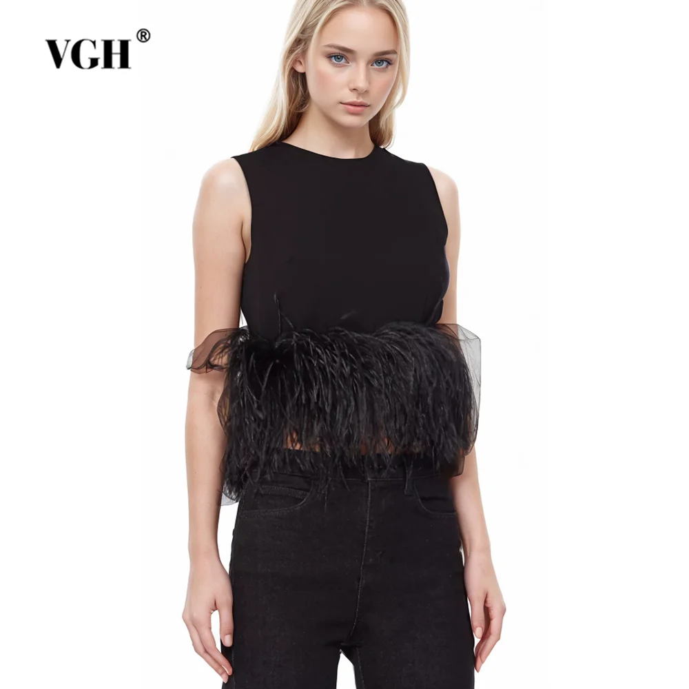 

VGH Casual Patchwork Feather Solid Tank Tops For Women Round Neck Sleeveless Spliced Zipper Minimalist Loose Vests Female Style