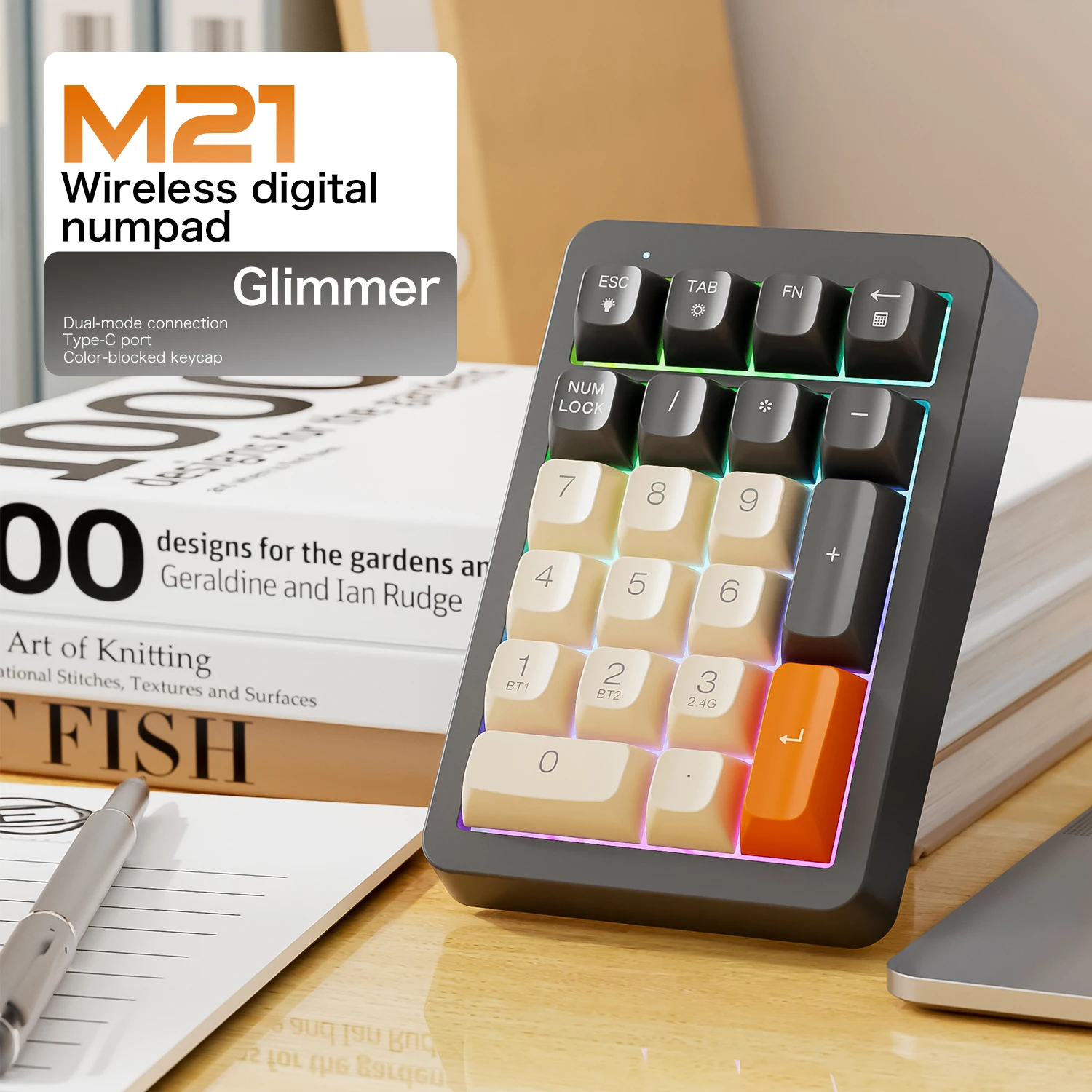 FREEWOLF M21 Wireless Numeric Keypad Bluetooth 2.4G Dual Mode 21 Keys RGB Backlit 950mAh USB-C Numpad for Laptop PC