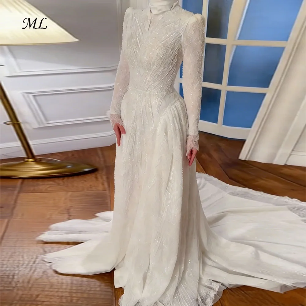 

ML Customized Muslim Dubai Luxury Wedding Dresses Lace Beaded A-Line Arabic Full Sleeves Bridal Gowns For Women robe de mariée