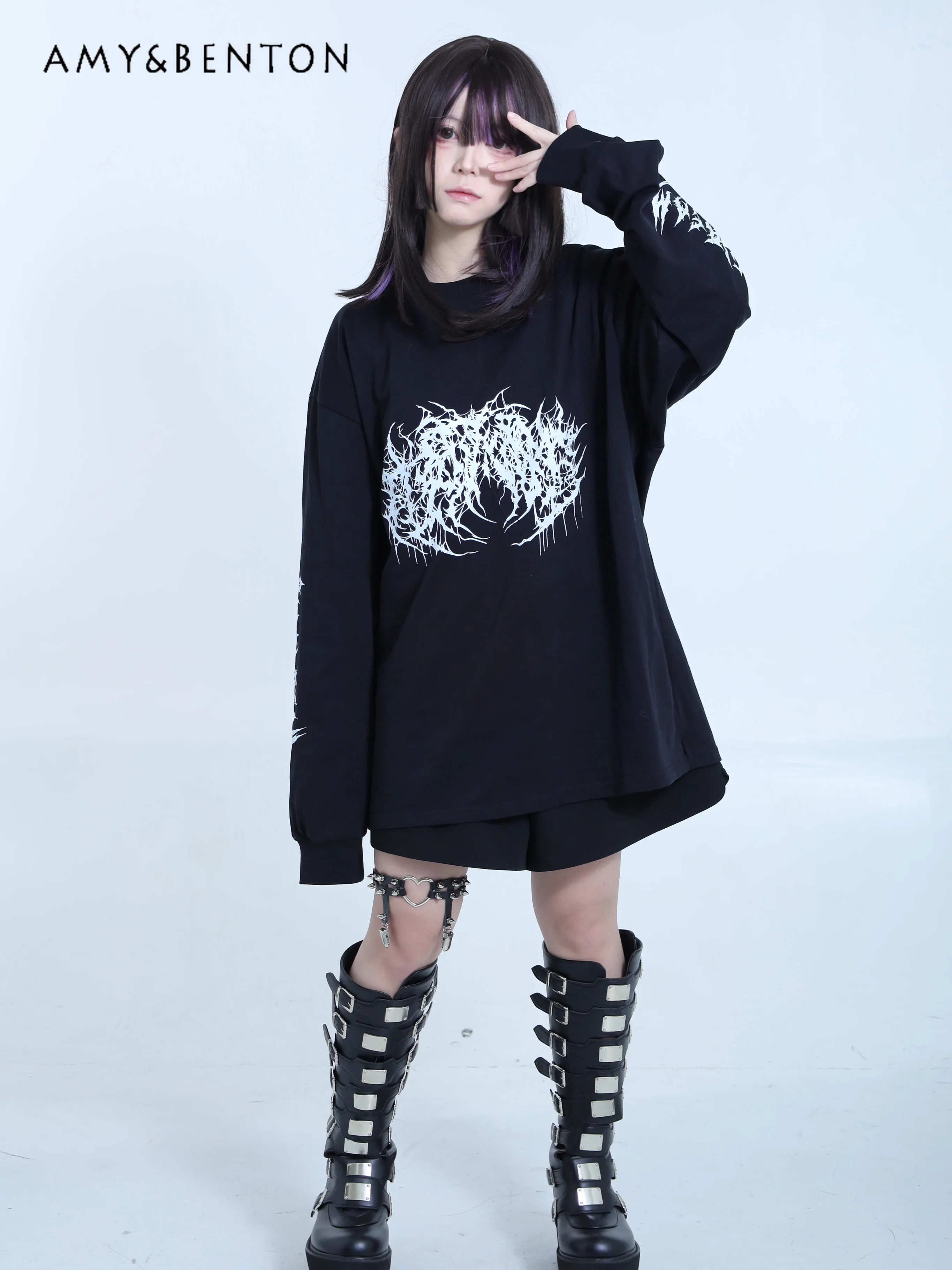 Harajuku Street Printing Round Neck Long Sleeve Tops Autumn New Subculture Punk Oversized T Shirt Mine Gothic Graphic T Shirts