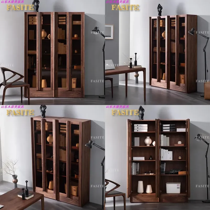 For Nordic Black Walnut Solid Wood Bookcase with Glass Door Study Living Room Storage Cabinet Locker Furniture