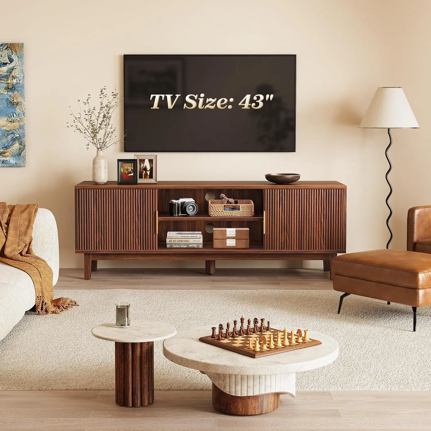 Fluted Tv Stand 54 Inch Accommodates Screens Up 60 Mid Century Modern Entertainment Center Storage Adjustable Shelves Living Roo