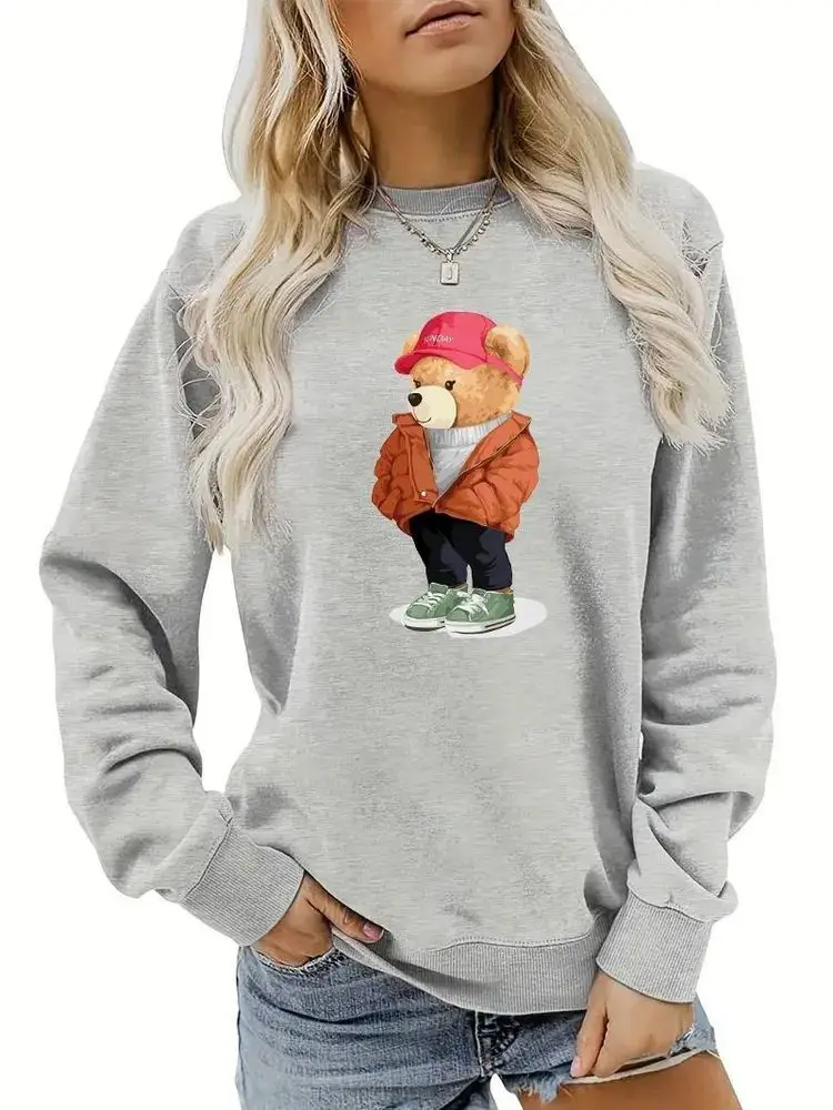 

Русский милый медведь, забавные толстовки с круглым вырезом и принтом мультфильмов, свободный пуловер большого размера с длинными рукавами, осенне-зимняя уличная одежда в стиле хип-хоп