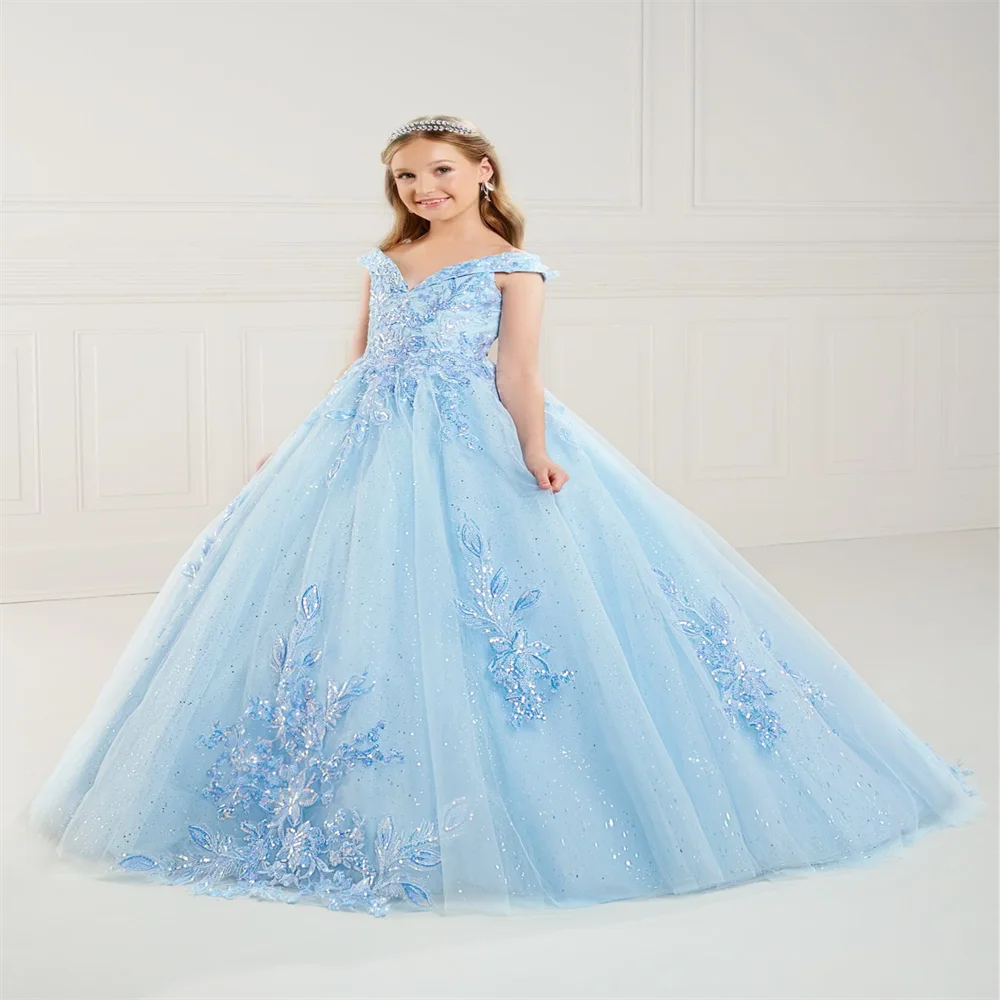 New Sky Blue Flower Girl Dress Elegant Appliqué V-Neck Off-The-Shoulder Graduation Celebration Baptism Pageant Birthday Junior