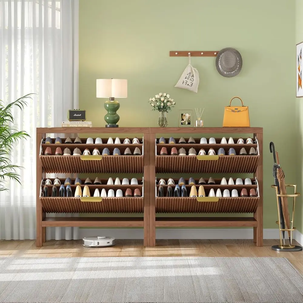 

4-х уровневый деревянный шкаф для хранения обуви, тонкий и узкий дизайн для прихожей или прихожей, большая вместимость, отделка из орехового дерева, набор из 2 шт.